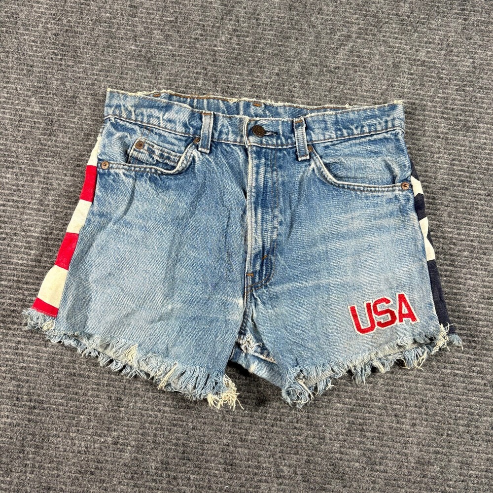 Vtg Levis Denim Shorts Womens 30 Blue Good USA Flag Reworked Orange Tab Cut Offs